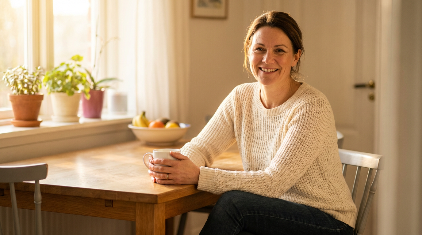 Jennifer, 44 – confident woman enjoying her morning coffee